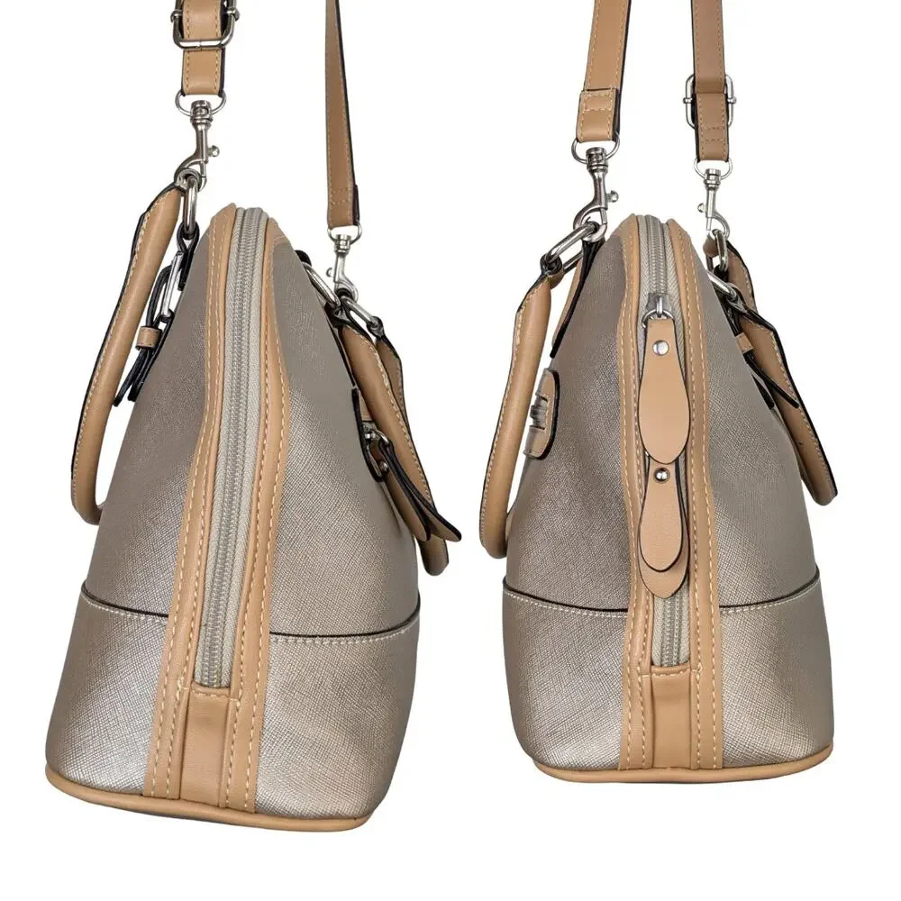 Giani Bernini Crossbody Satchel Bag Champagne Gold / Beige Tan Trim Convertible